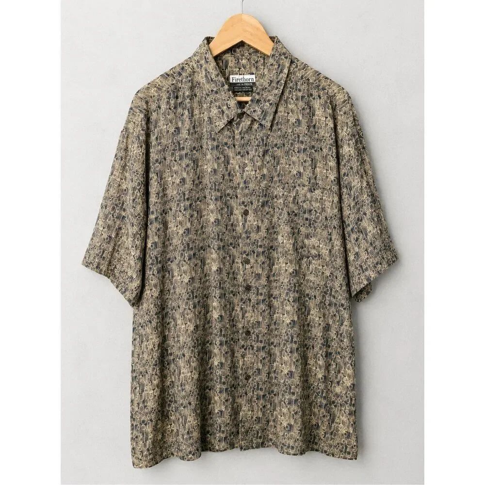 Firethorn Men’s 100% Silk Abstract Print Button Front Shirt XXL Short Sleeve